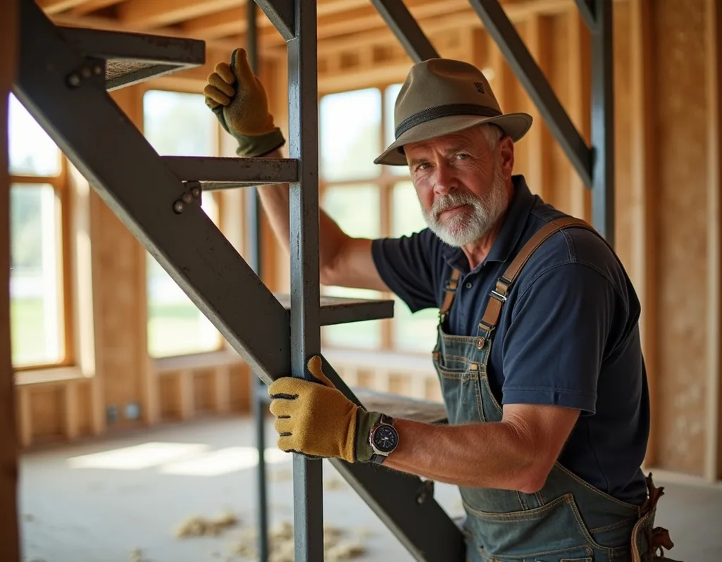 Craftsman in his forties assembling a modular steel staircase frame