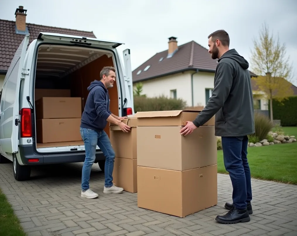 Delivery driver and homeowner unloading flat pack staircase module boxes from a white van