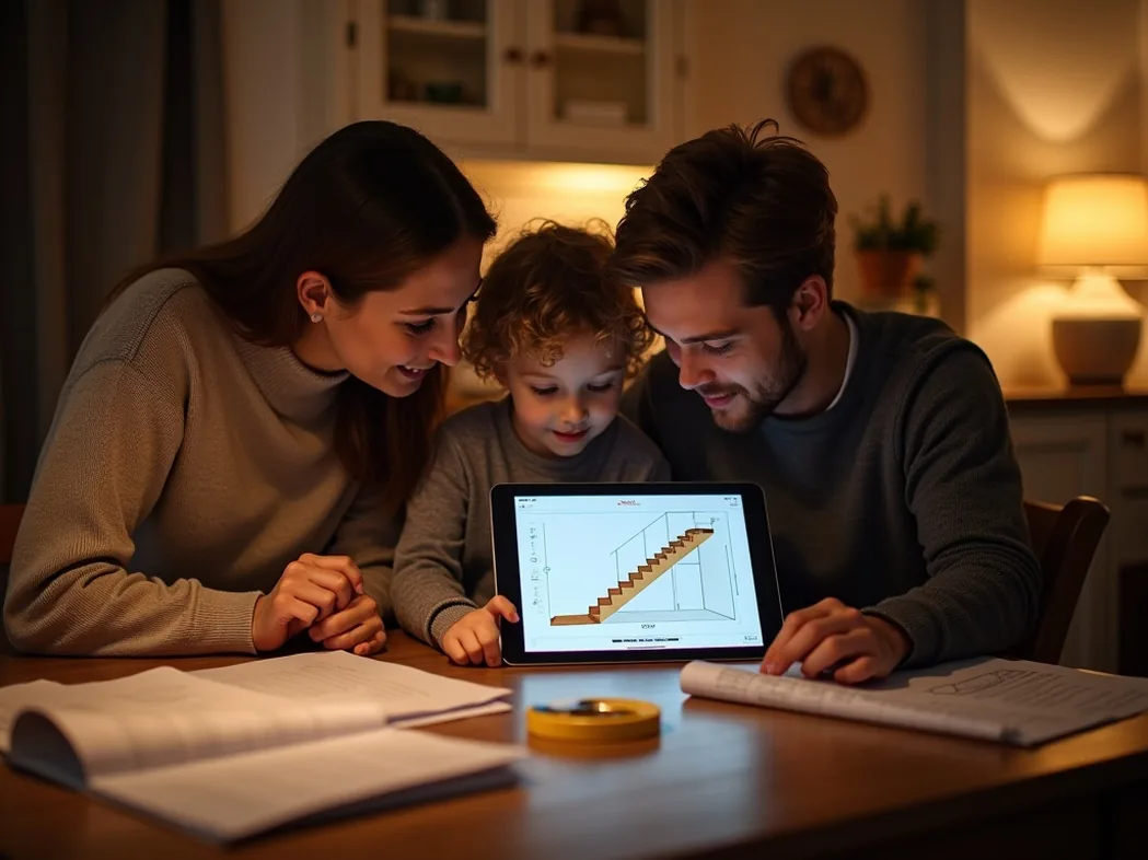 Family of three at a kitchen table with a tablet showing a 3D staircase