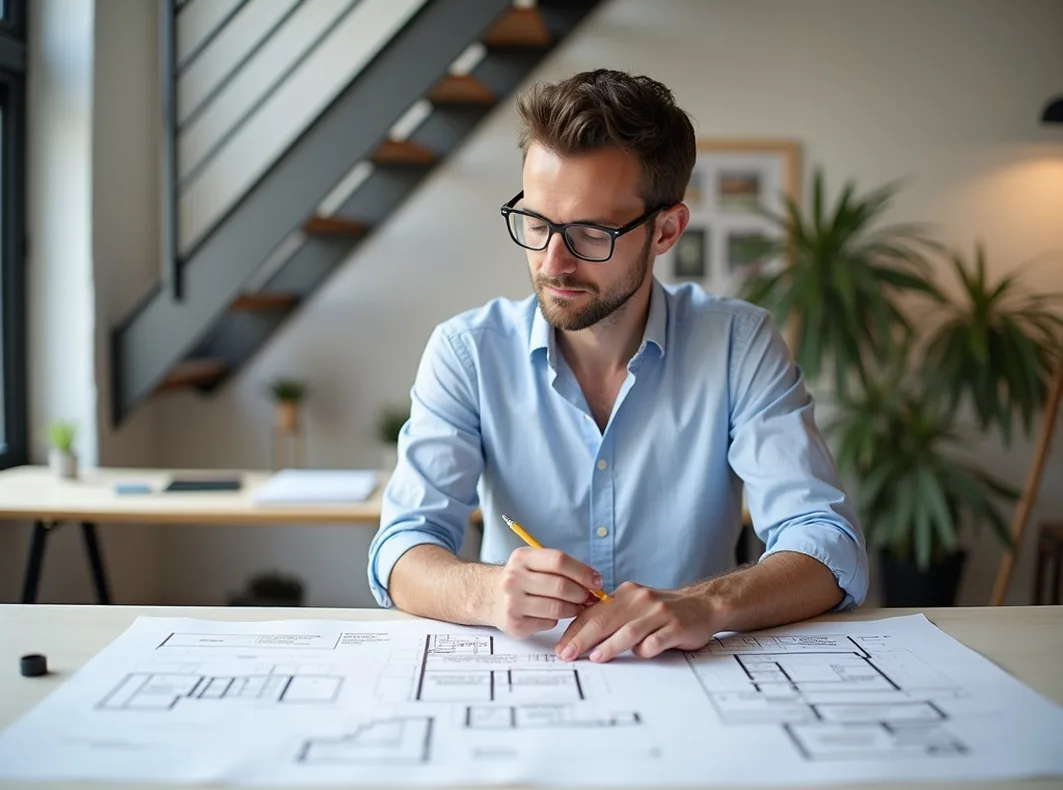 Architect reviewing printed staircase module plans on a desk