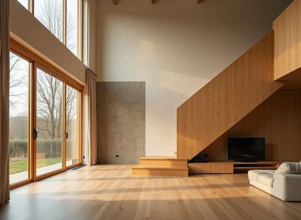Straight modular oak staircase in a German open-plan living room