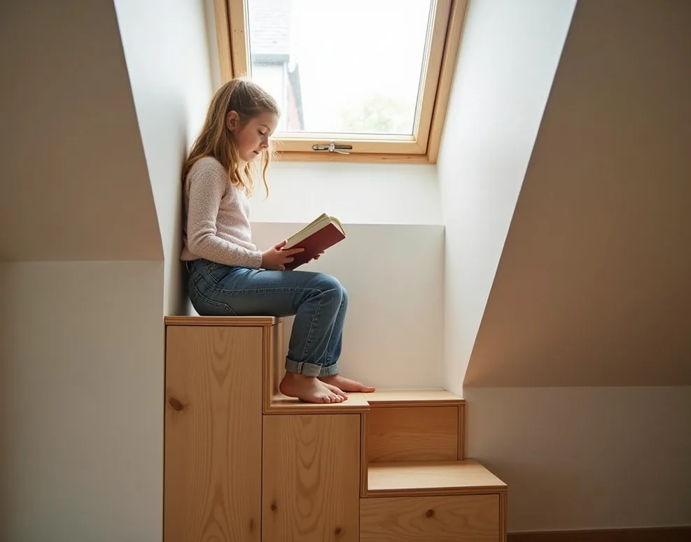 Compact alternating tread staircase with teenage girl reading on top step