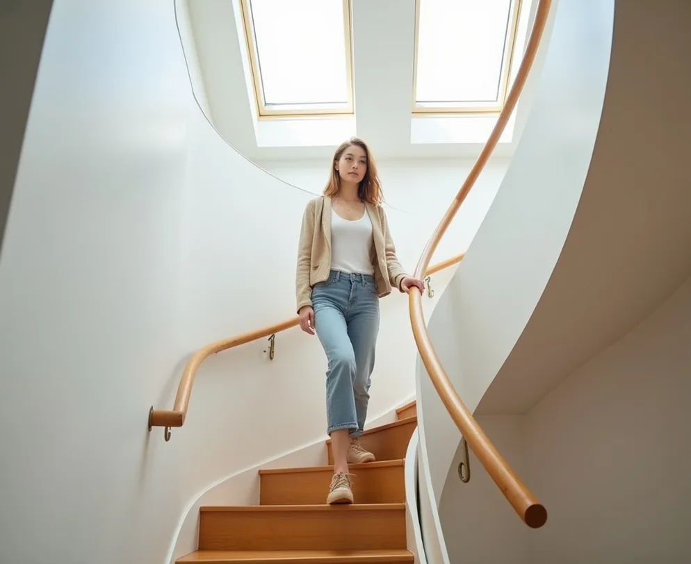 Quarter turn modular staircase with oak handrail in a bright hall