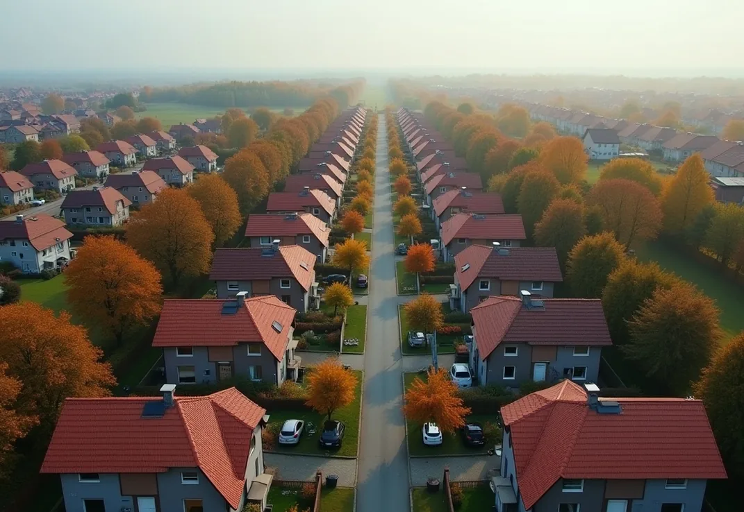 Aerial drone view of a German residential suburb in autumn