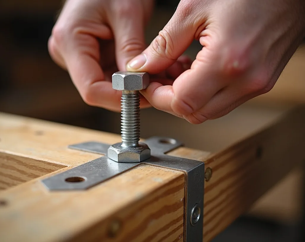 Close up of hands tightening a hex bolt on a stair tread joint with stainless steel