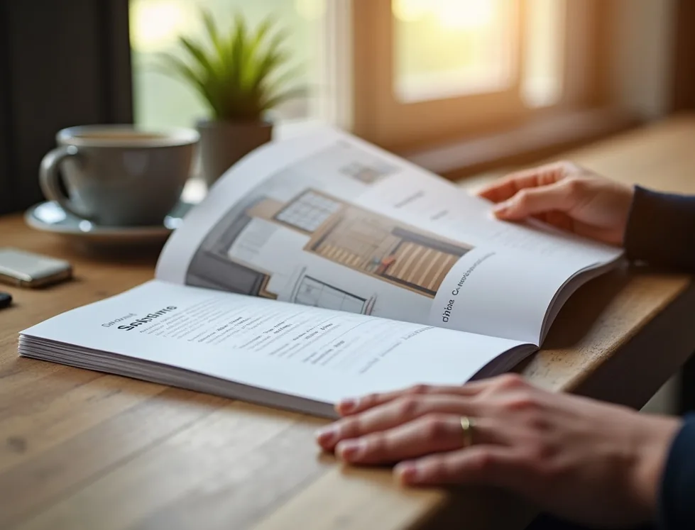 Hands flipping through a printed staircase configuration catalog