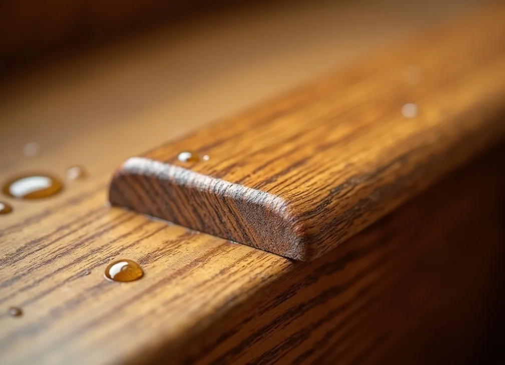 Close up of an oak stair tread edge with beveled profile and natural wood oil