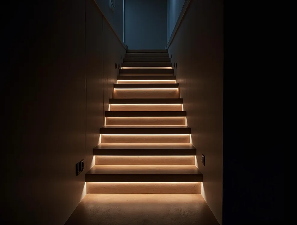 Designer staircase with LED strip lighting under each tread at night