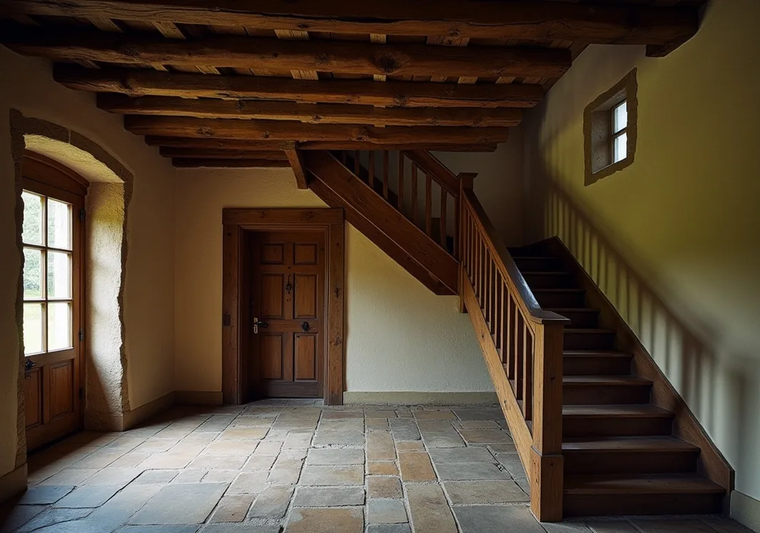 Two flight landing staircase in a renovated German farmhouse hallway