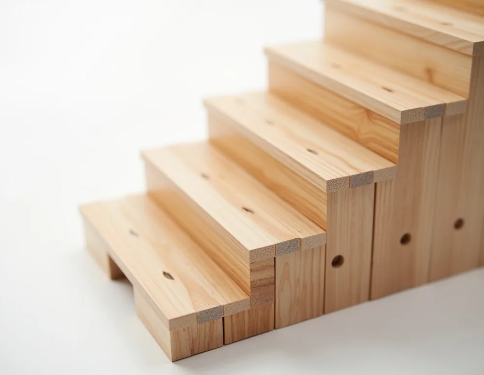 Compact alternating tread space saving staircase in pine wood