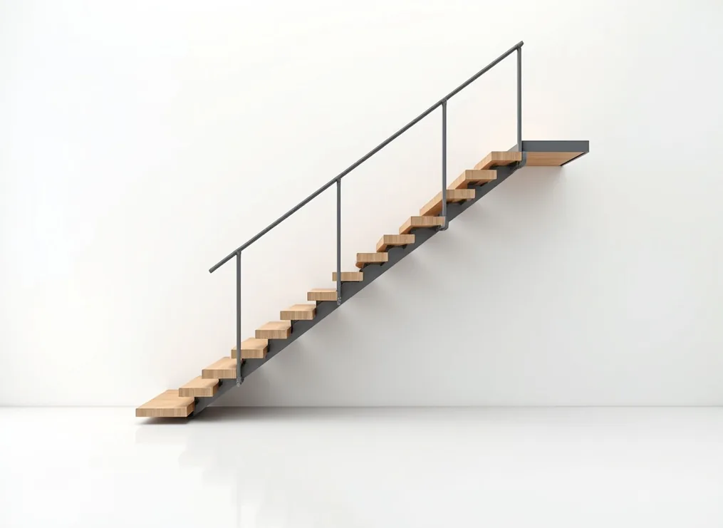 Straight modular staircase with zinc steel frame and solid beech wood treads