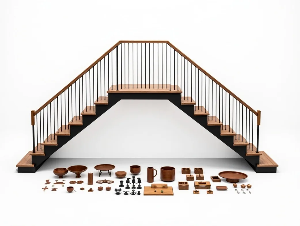 Two flight landing staircase with rustic oak treads and wrought iron style powder coated steel stringers